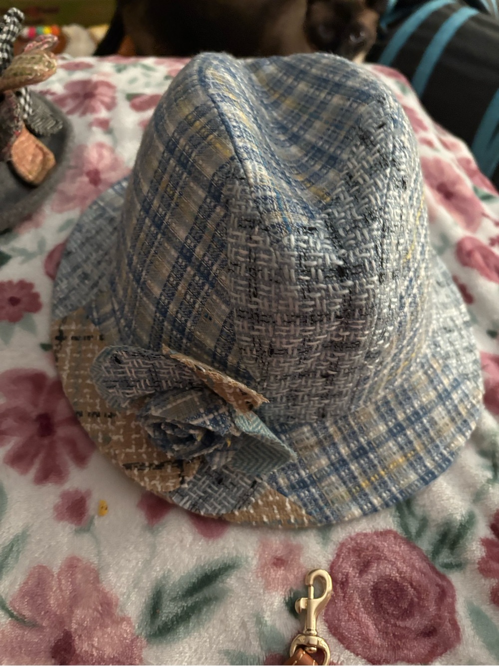 Blue and Tan Plaid Tweed Fedora with Flower Accent